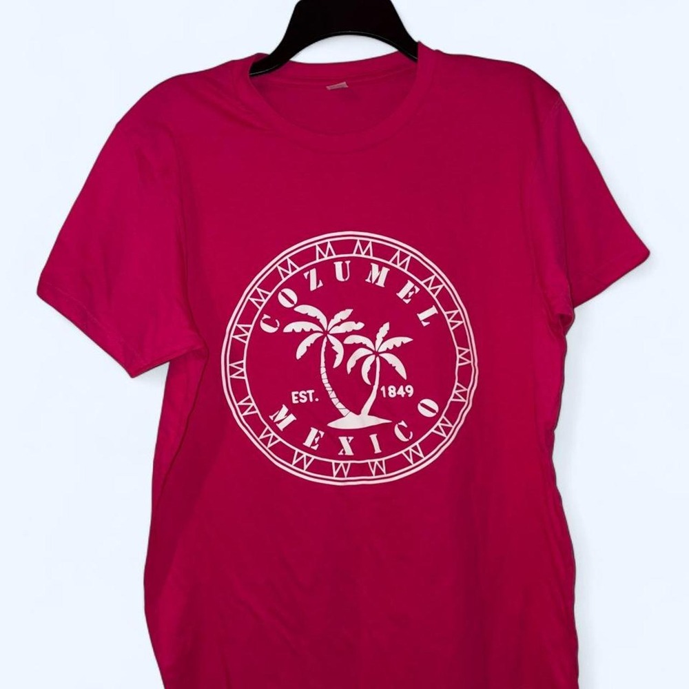 Pink cotton t-shirt palm trees and text 'COZUMEL MEXICO EST. 1849', size M